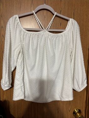 Espresso White Swiss Dot Off-Shoulder Blouse with Crisscross Back Straps